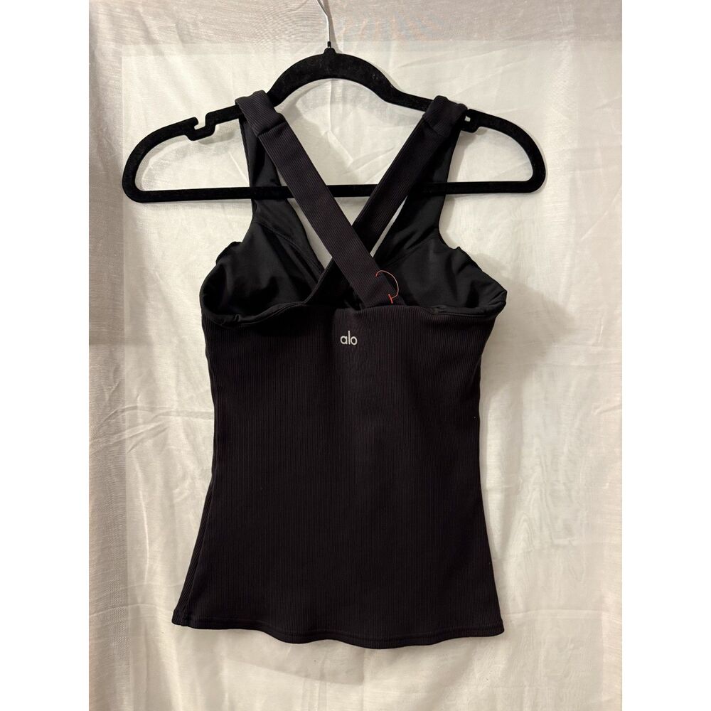 Alo Yoga Black Ribbed V-Neck Cross Back Tank — Small
